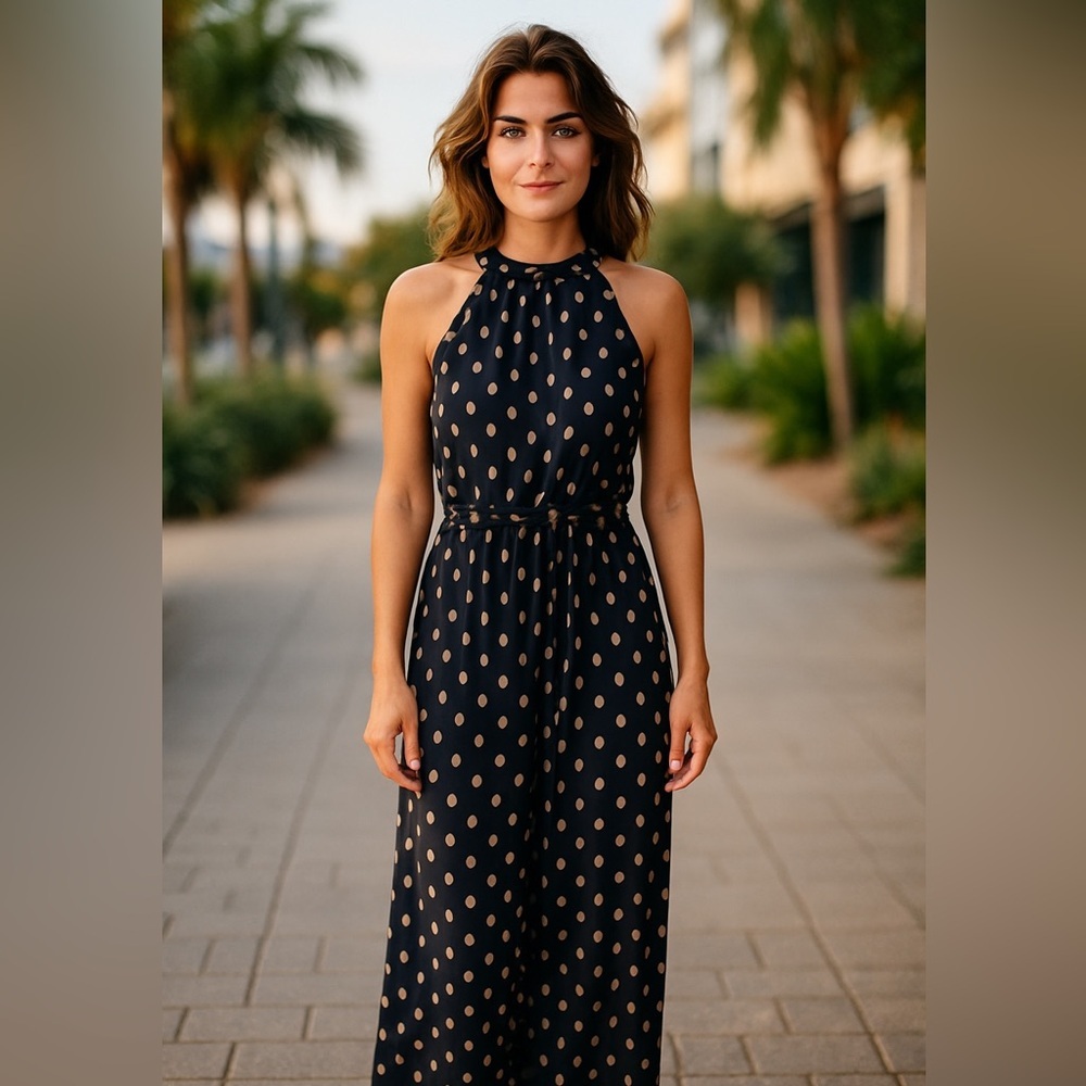 Halter Maxi Dress in navy-with tan Polka Dots